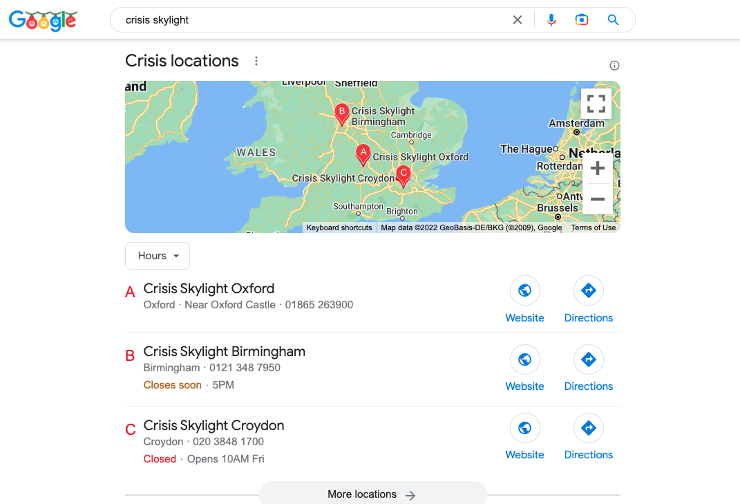 For the search ‘crisis skylight’ the map pack appears with information about the closest centres because a Google Business Profile has been created for each location.