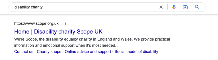 Scope's optimised title tag for ‘disability charity’