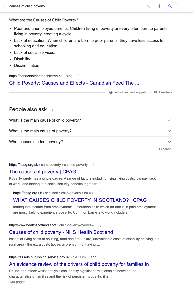 Screnshot of Google SERPs for the query "causes of child poverty"