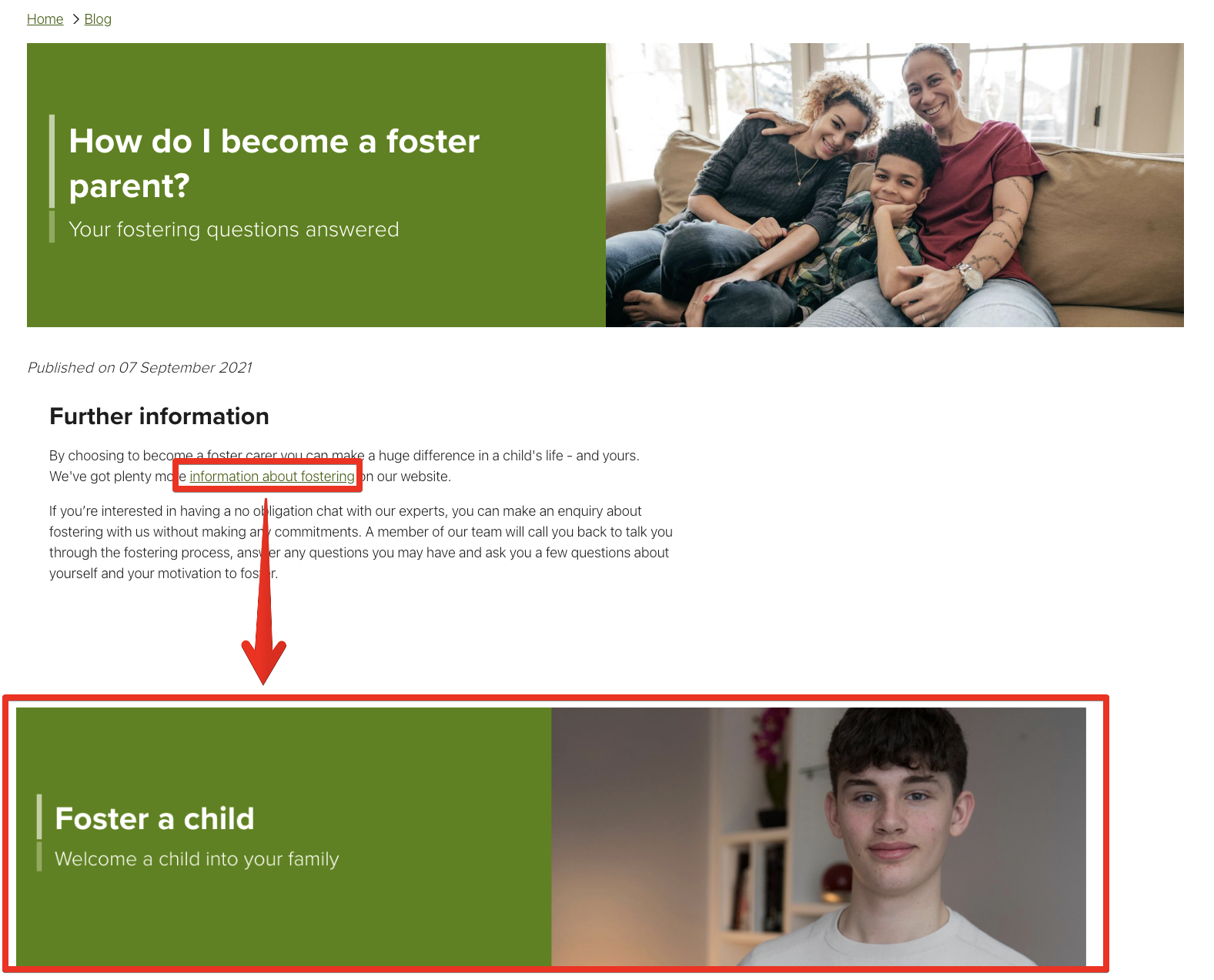 Screenshot of Barnardo's website content