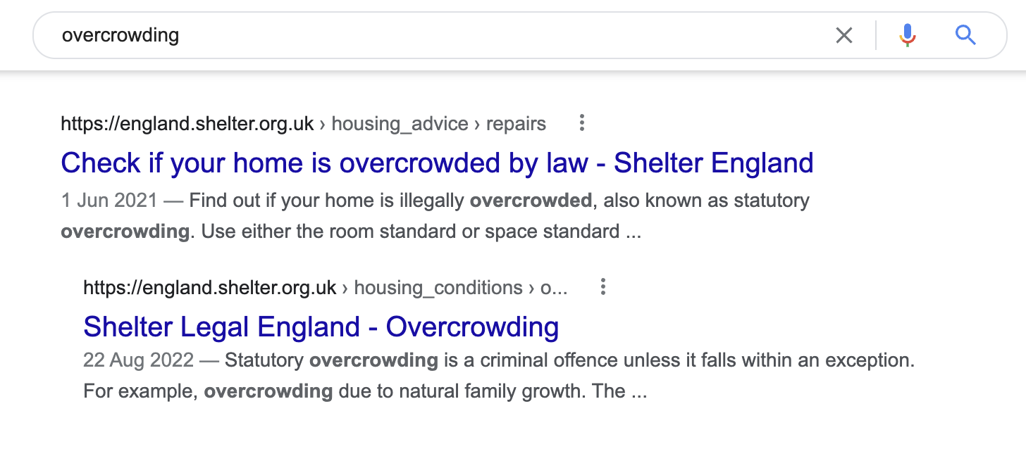 How Google displays Shelter’s housing advice and legal content for ‘overcrowding’
